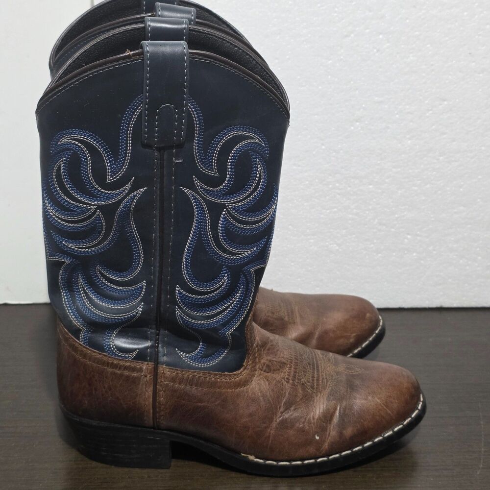 Cody James Blue/Brown Leather Pull On Western Unisex Youth Boots 4